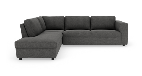 Mørkegrå hjørnesofa med venstrevendt chaiselong, bløde sædehynder og brede armlæn på hvid studiebaggrund.
