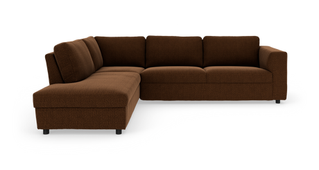 Brun L‑sofa med chaiselong til venstre, moderne polstret hjørnesofa på hvid baggrund.