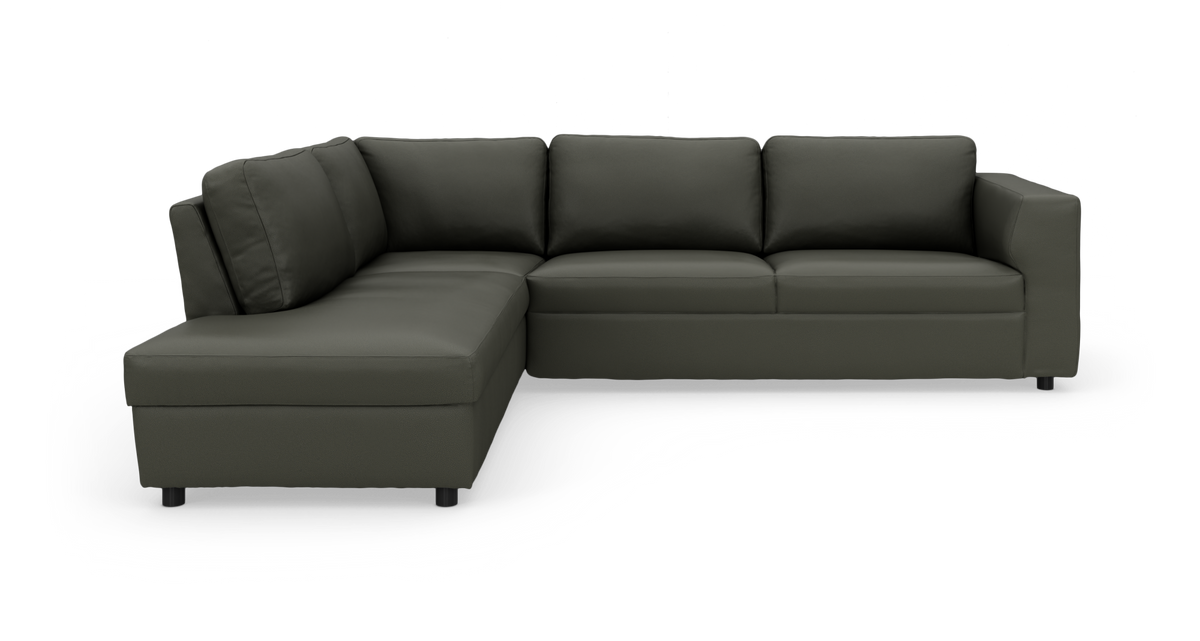 Mørkegrøn L‑sofa med venstrevendt chaiselong, 4‑personers hjørnesofa i moderne stil.