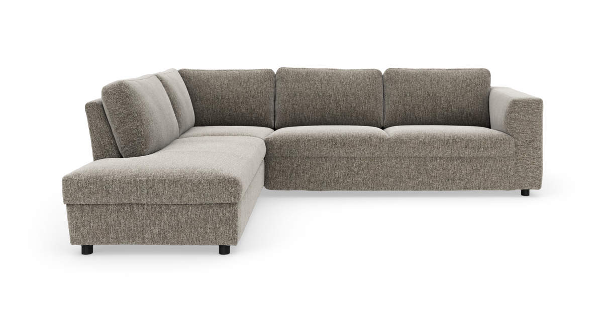 L-formet hjørnesofa i grå/beige stof med venstre chaiselong.