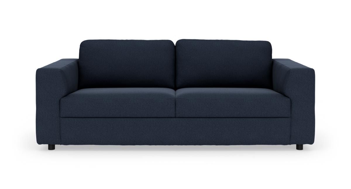Mørkeblå to-personers sofa med lige armlæn, frontvisning på hvid baggrund.