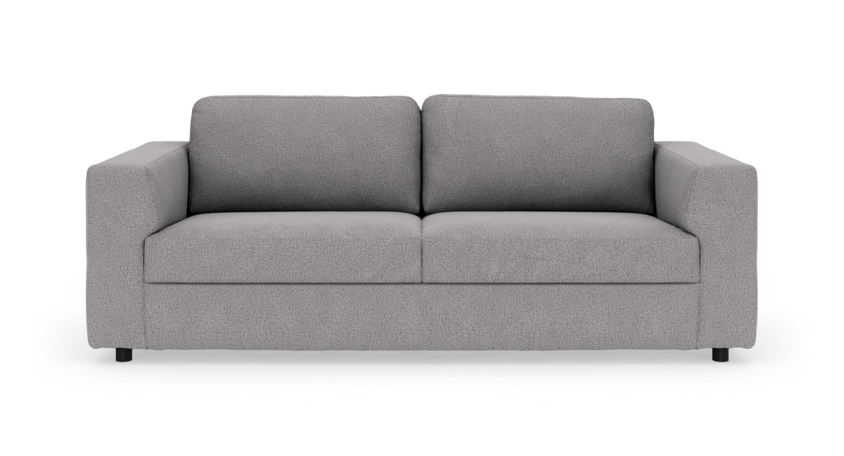 Grå 3-personers sofa med lige armlæn, set forfra på hvid/transparent baggrund.