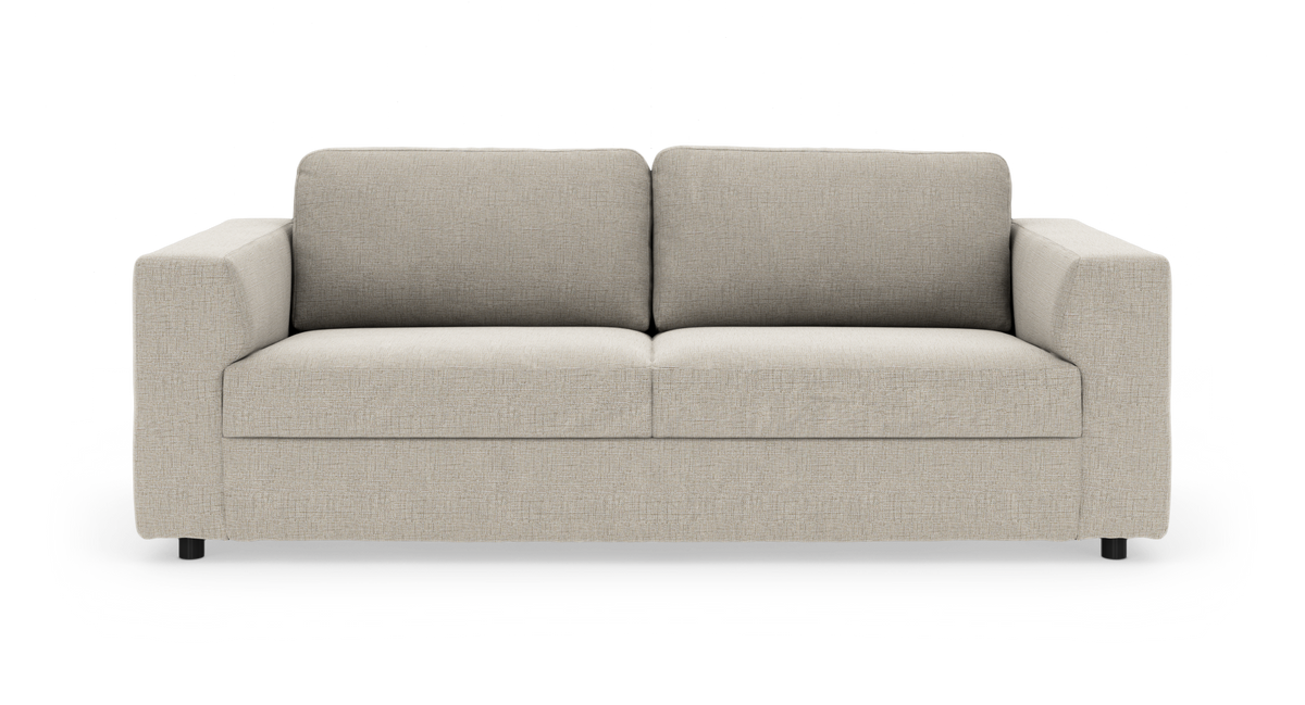 Beige 3-personers sofa med lige armlæn og to sæde- og ryghynder, frontvisning på hvid baggrund.