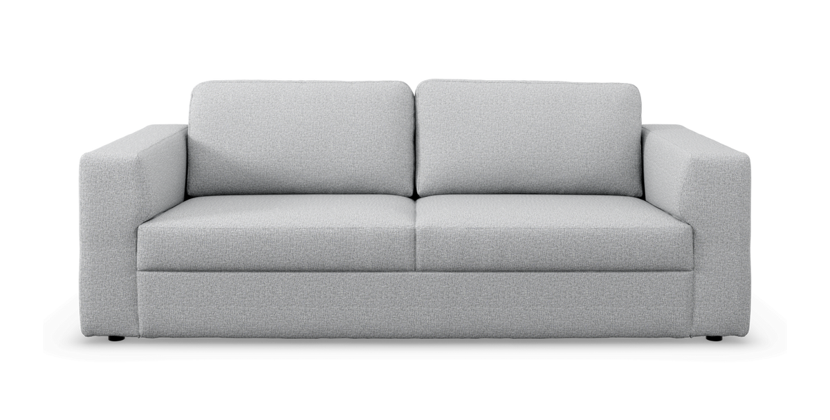Lysgrå 2-personers sofa med lige armlæn i et moderne, minimalistisk design, set forfra.