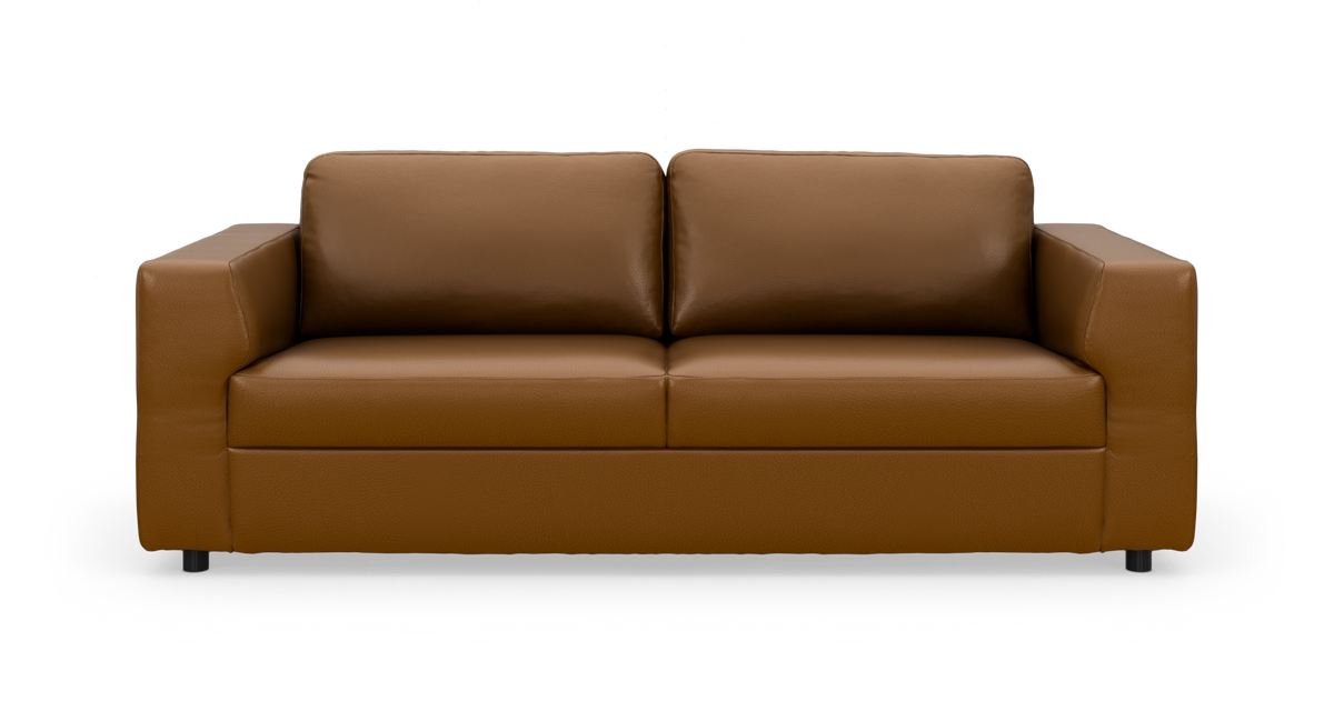 Brun lædersofa med to sædehynder og lige armlæn, frilagt på hvid baggrund.