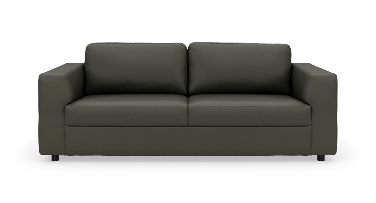 Mørkegrå 2-personers sofa med lige armlæn og to ryghynder, frilagt på hvid baggrund.