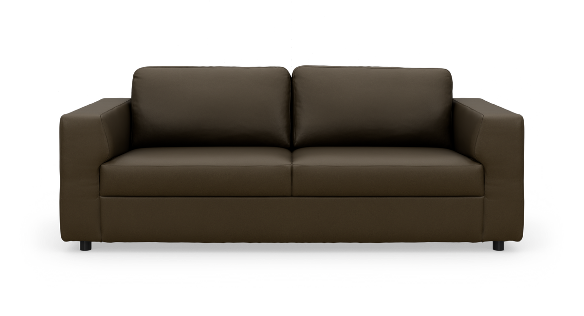 Mørkebrun 3-personers sofa i moderne, enkel design – frontvisning mod hvid baggrund.