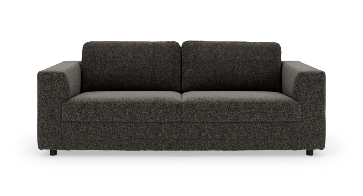 Mørkegrå 3-personers sofa med lige armlæn og to ryghynder, frilagt på hvid baggrund.