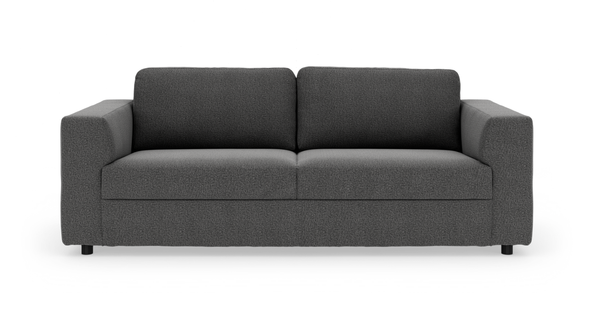 Mørkegrå 2-personers sofa med lige armlæn, frontvisning på hvid baggrund.