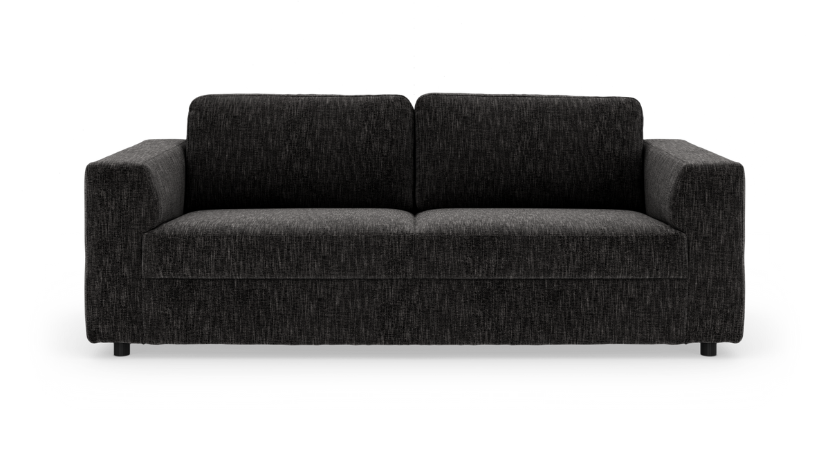 Mørkegrå sofa med to ryghynder og rette armlæn, set forfra på hvid baggrund.