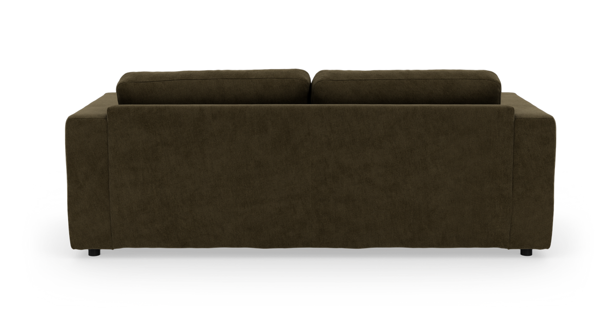 Mørke olivengrøn sofa set bagfra på hvid baggrund.