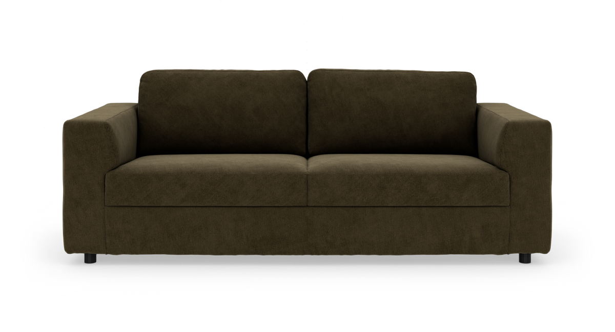 Mørk olivengrøn 3-personers sofa i fløjl, frontvisning på hvid baggrund.
