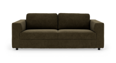 Mørk olivengrøn 3-personers sofa i fløjl, frontvisning på hvid baggrund.
