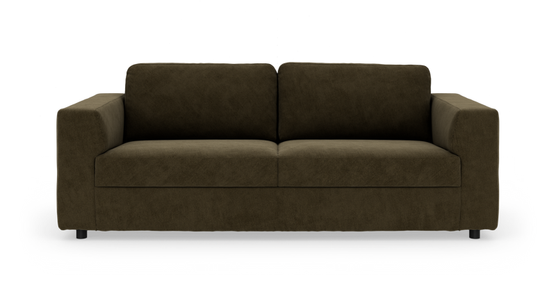 Mørk olivengrøn 3-personers sofa i fløjl, frontvisning på hvid baggrund._ps