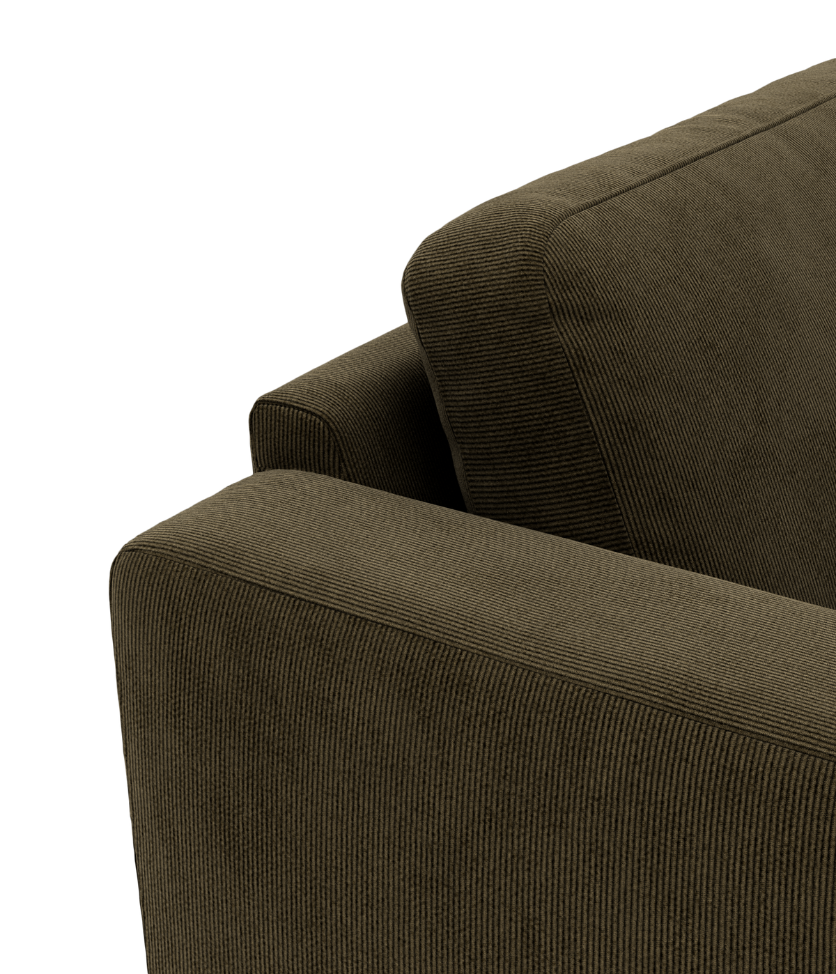 Nærbillede af armlæn og ryglæn på en olivengrøn cordfløjlsofa i studieopsætning.