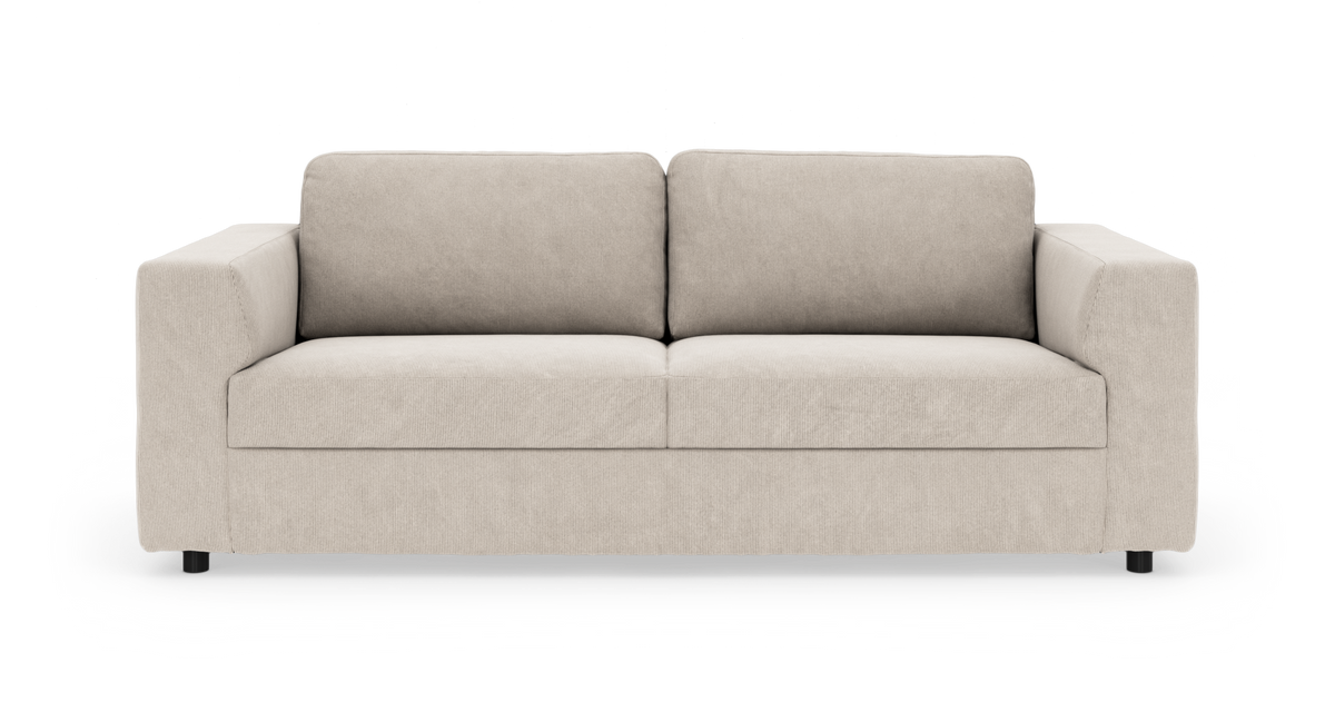 Beige 3-personers sofa med rette blokarmlæn og rillet betræk, frilagt på hvid baggrund.