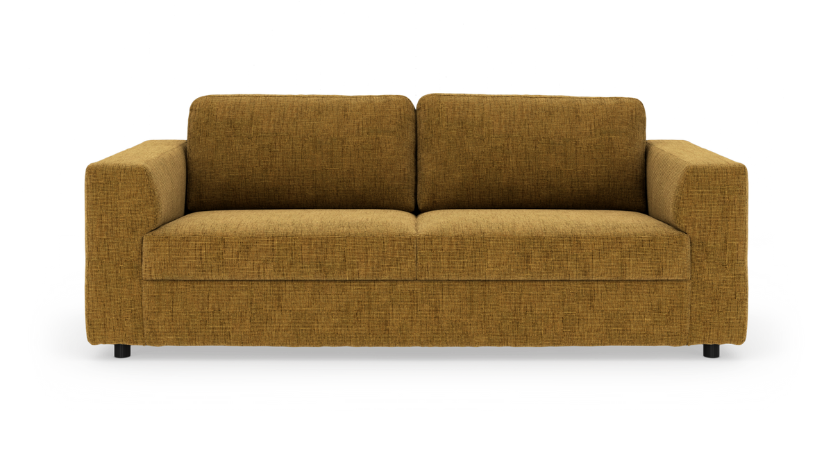 Sennepsgul 2-personers sofa i stof, frontvisning på hvid baggrund.