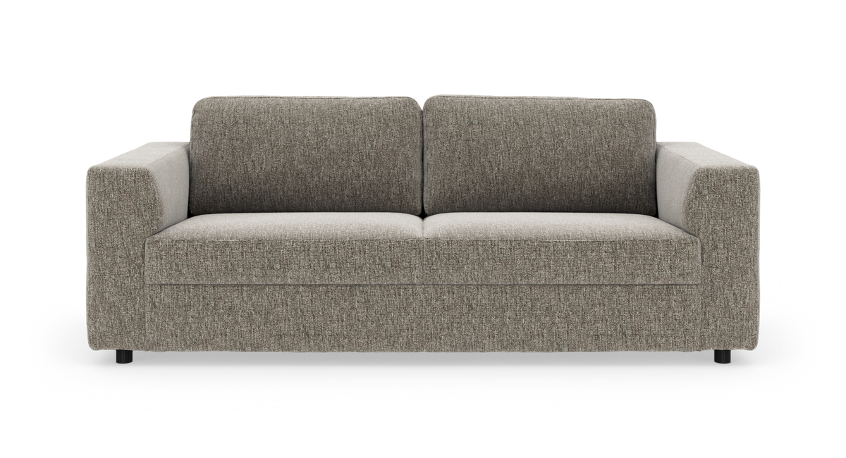 Tosæders sofa i gråt stof, frontvisning, isoleret på hvid baggrund.