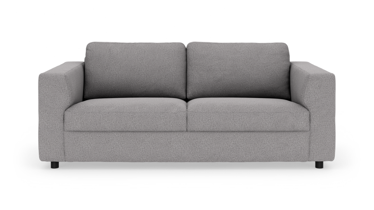 Grå 2-personers sofa med lige armlæn, frontvisning.