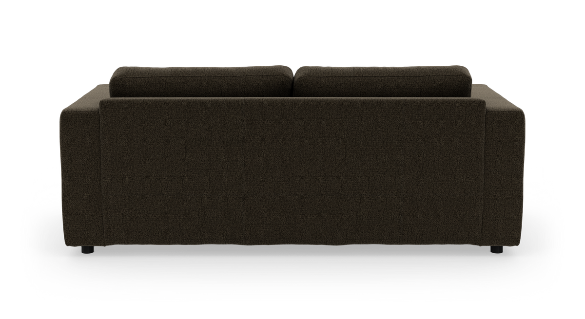Mørkebrun stofsofa set bagfra, isoleret på hvid baggrund.