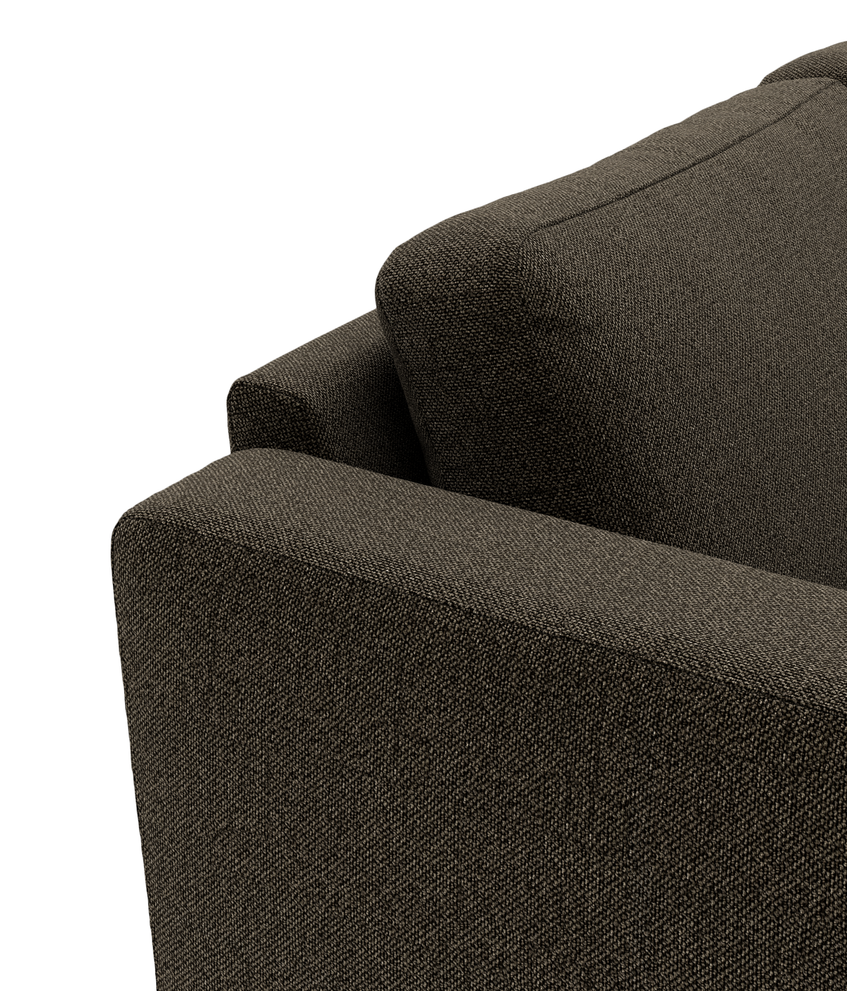 Nærbillede af mørk stofsofas armlæn og ryghynde.
