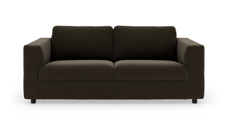 Mørkebrun 2-personers sofa med brede armlæn og fyldige puder, frontvisning på hvid baggrund._ps