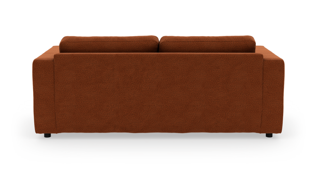 Rustrød 2‑personers sofa set bagfra på hvid baggrund.