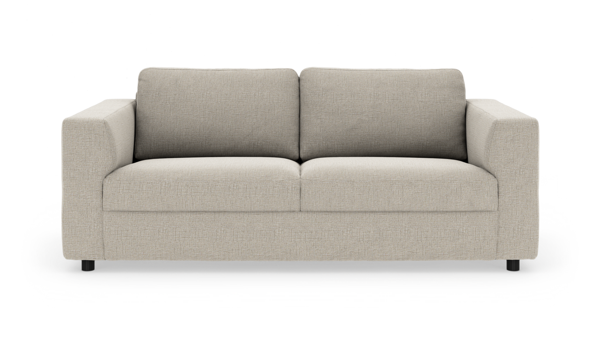 Beigefarvet, moderne stofsofa med to sæde- og ryghynder, fritlagt set forfra.