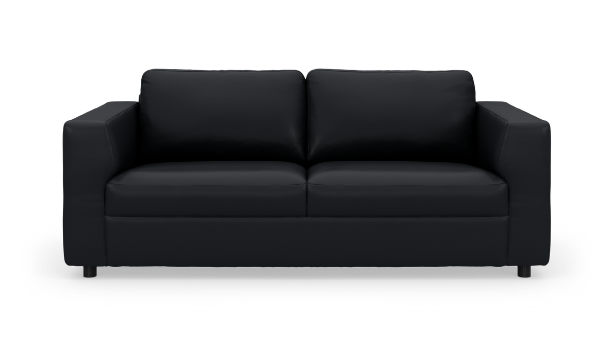 Sort tosædet lædersofa med lige armlæn, fritlagt på hvid baggrund, frontvisning.