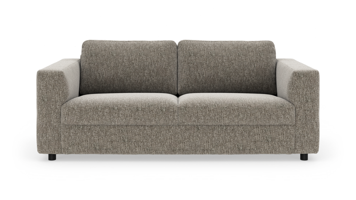 Tosædet moderne sofa i grå-beige stof, frontvisning, frilagt på hvid baggrund.