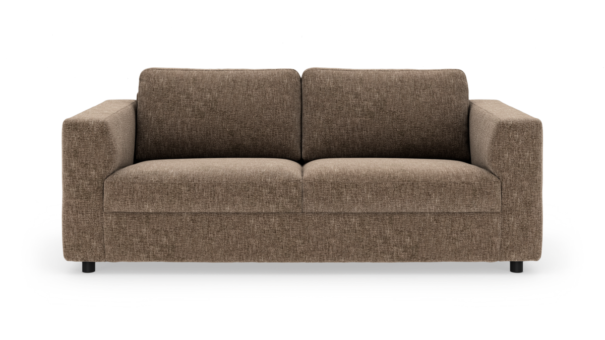 Brun tosæders stofsofa fritlagt på hvid baggrund, set forfra.