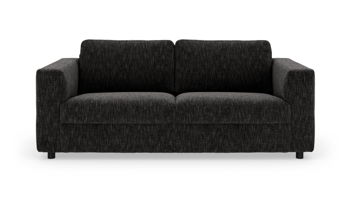 Mørkegrå 2-personers sofa med firkantede armlæn, frontvisning på hvid baggrund.