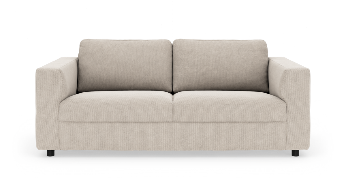 Beige tosæders sofa med rette armlæn, frontvisning på hvid baggrund.