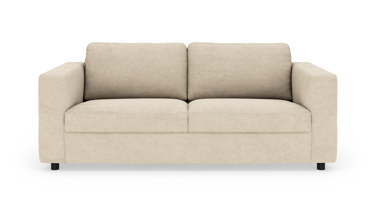 Beige 2-personers sofa med rette armlæn og to sæde- og ryghynder, frontvisning på hvid baggrund.