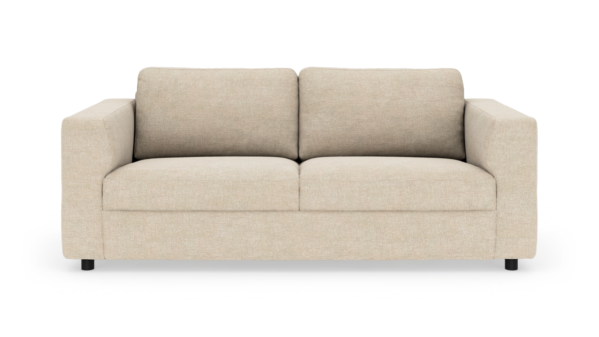 Beige 2‑personers stofsofa, frontvisning på hvid baggrund.