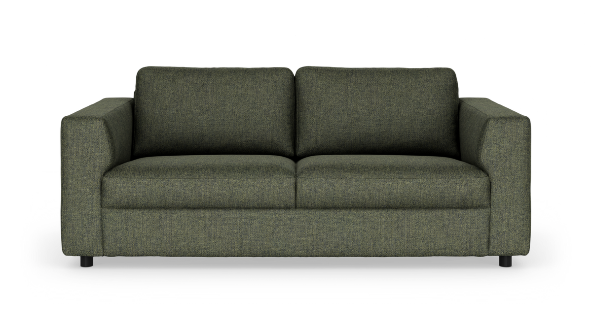 Grøn 2‑personers sofa med lige armlæn, to ryghynder og lave sorte ben på hvid baggrund.