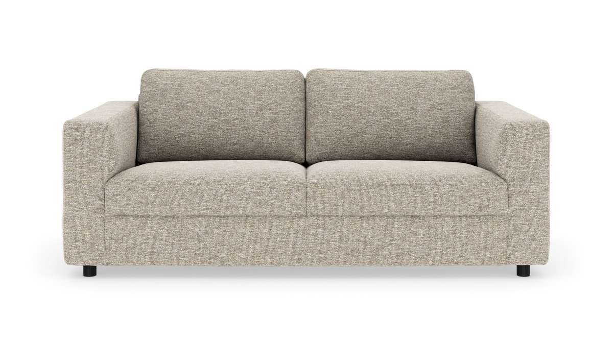 Beige 2-personers sofa med rette armlæn og stofbetræk, frontvisning på hvid baggrund.