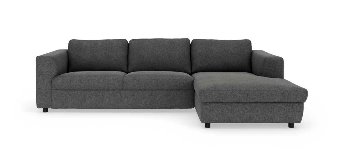 Mørkegrå hjørnesofa med chaiselong til højre, moderne design, frilagt på hvid baggrund.