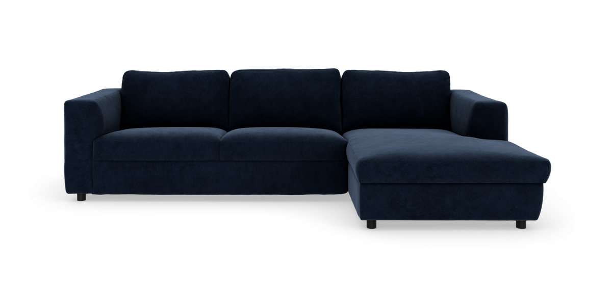 Mørkeblå hjørnesofa med højre chaiselong i stof, moderne og minimalistisk design.