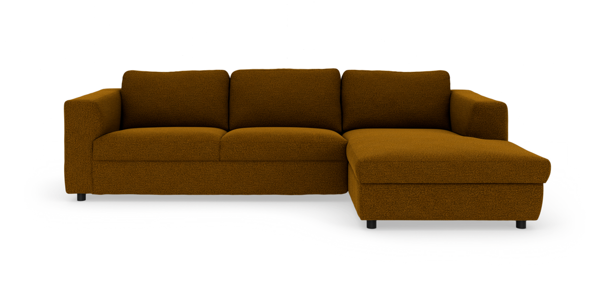 Modulsofa med højrevendt chaiselong i varm brun tekstil, fritlagt frontview.
