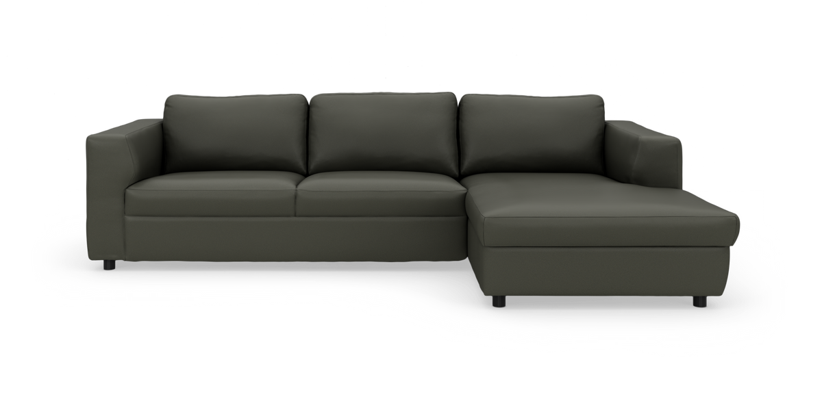 Mørkegrå hjørnesofa med chaiselong til højre, frilagt på hvid baggrund.
