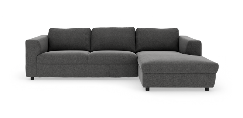 Mørkegrå modulsofa med højre chaiselong i stof, frilagt på hvid baggrund._ps