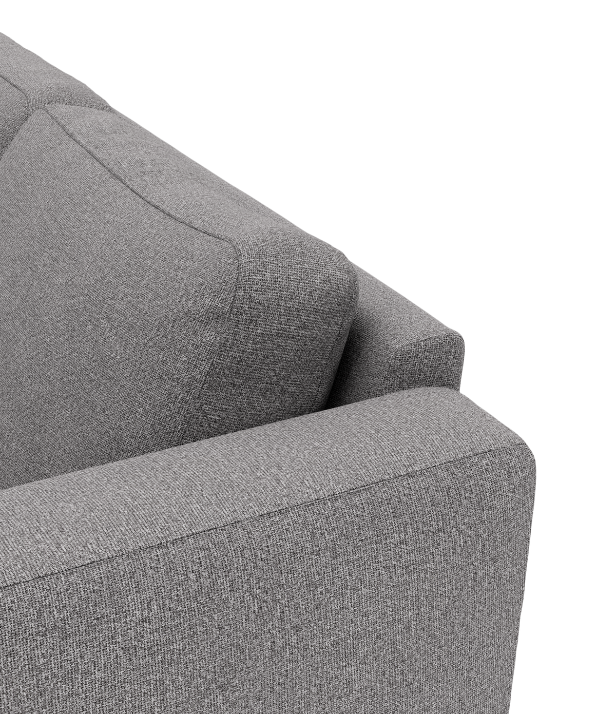 Nærbillede af grå stofsofas bageste hjørne med armlæn og ryghynder.