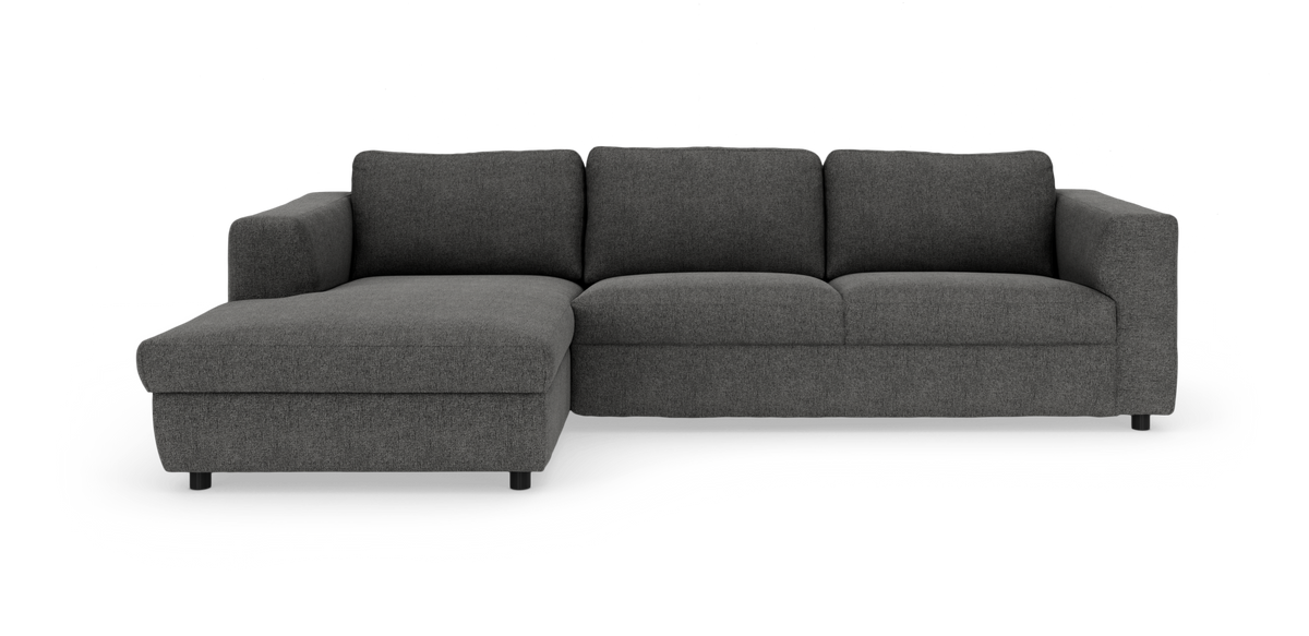 Mørkegrå hjørnesofa med chaiselong til venstre i moderne design på hvid baggrund.