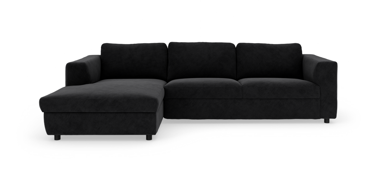 Sort L‑sofa med chaiselong til venstre, frilagt på hvid baggrund.