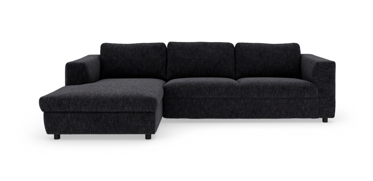 Mørkegrå hjørnesofa med venstre chaiselong, moderne og fritlagt på hvid baggrund.