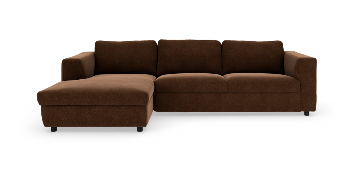 Brun modulsofa med venstrevendt chaiselong, 4-personers, på hvid baggrund.