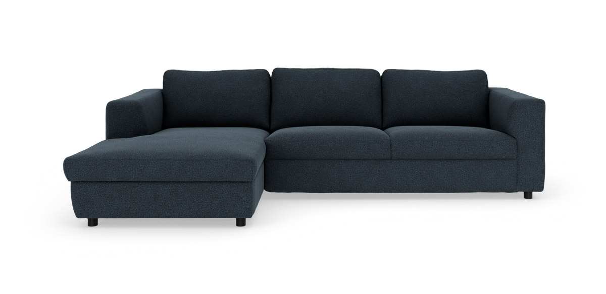 Mørkeblå modul-/hjørnesofa med venstrevendt chaiselong, moderne og frilagt på hvid baggrund.