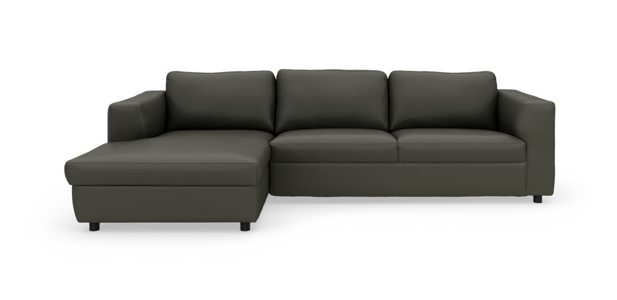 Mørkegrå modulsofa med venstrevendt chaiselong og tre siddepladser, fritlagt på hvid baggrund.