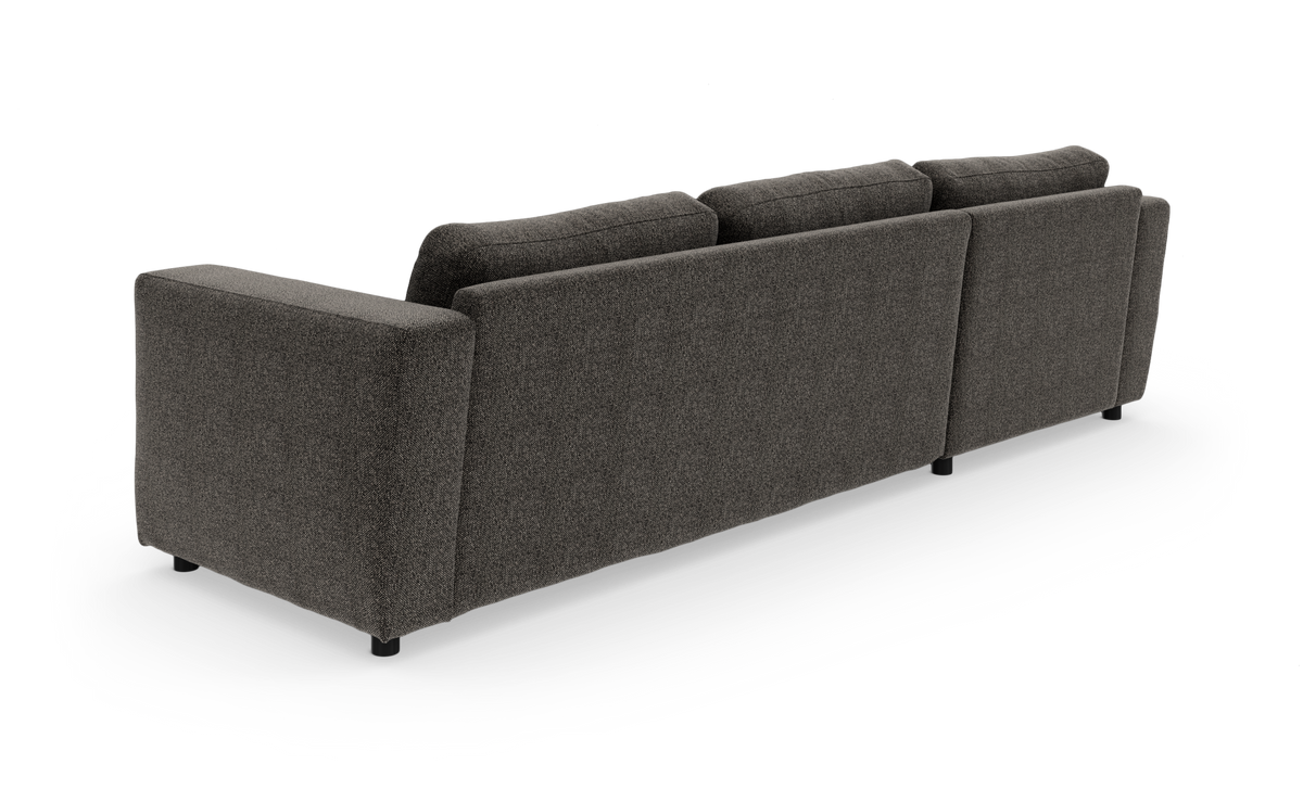 Mørkegrå stofsofa med rene linjer, set bagfra.